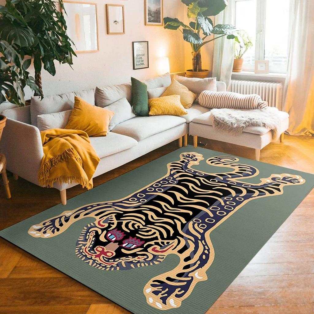 Artistic Tiger Pattern Vintage Inspired Floral Motif Decorative Border Living Room Bedroom Home Decoration Carpet Mat Rug