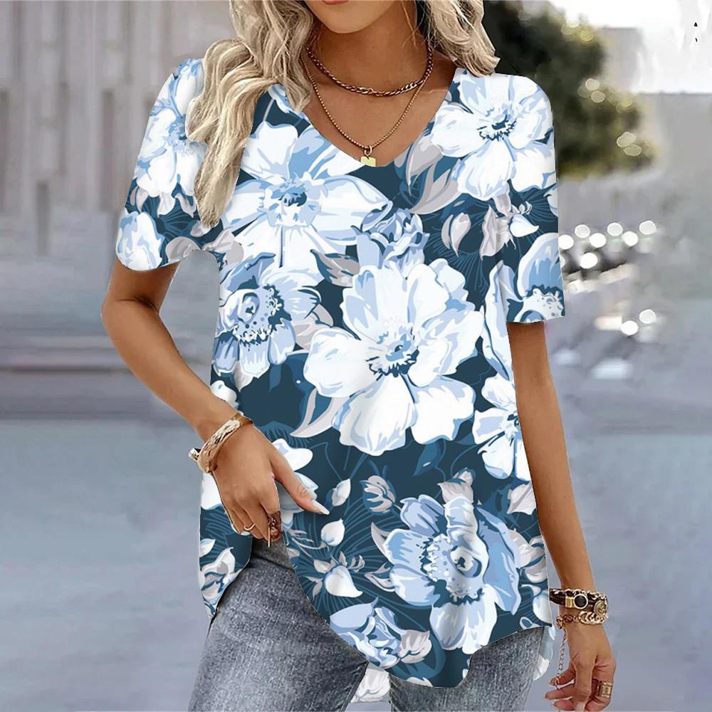Letné V-výstrih Krátky rukáv Tričká 3D Kvetinová potlač Voľné Bežné Tričká Cool Denné Streetwear Blúzka Pre Dámy S-8XL