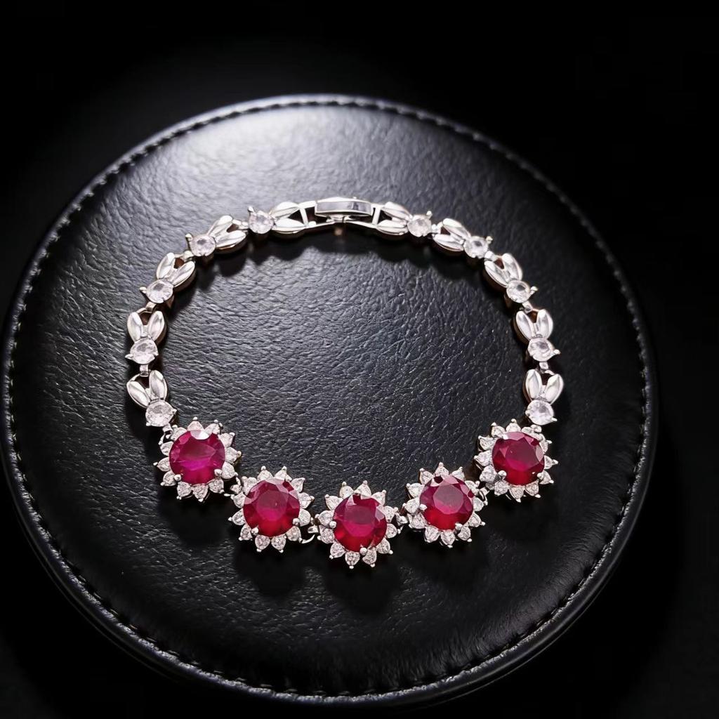 Stylish Full Diamond Sunflower Colored Treasure Bracelet Simulation Ruby Emerald Gemstone Bracelet High-End Design Jewelry