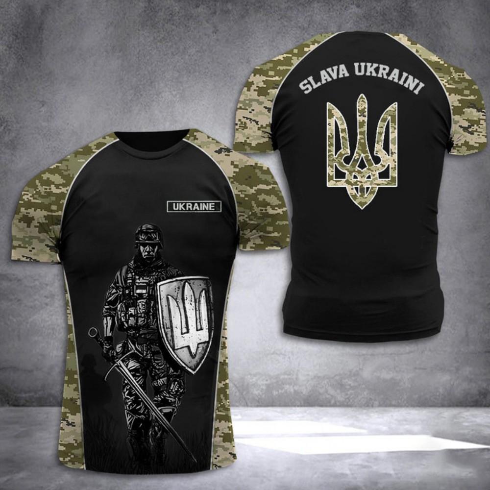 Ukraine Patriotic Soldier Graphic T-Shirt with Camo Sleeves