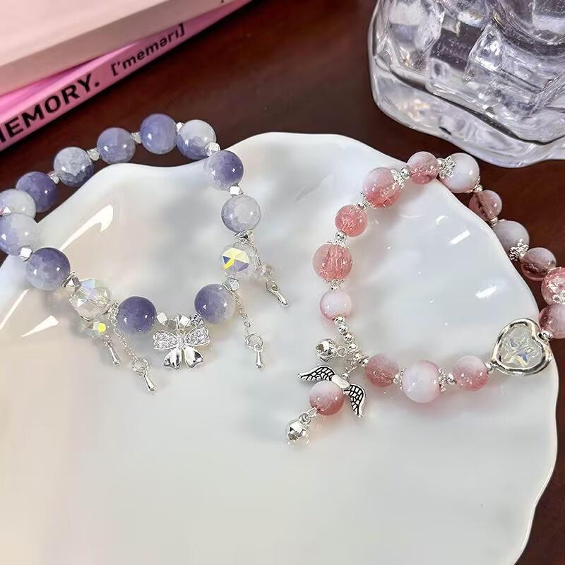 Simple Purple Popcorn Crystal Bracelet For Women Girls Korean Ins Butterfly Feather Tassel Bracelets Friendship Jewelry Gifts
