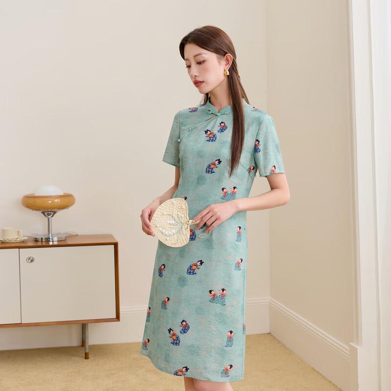 Sancai Plus Size Chinese Style Cheongsam Dress with Tang Lady Print