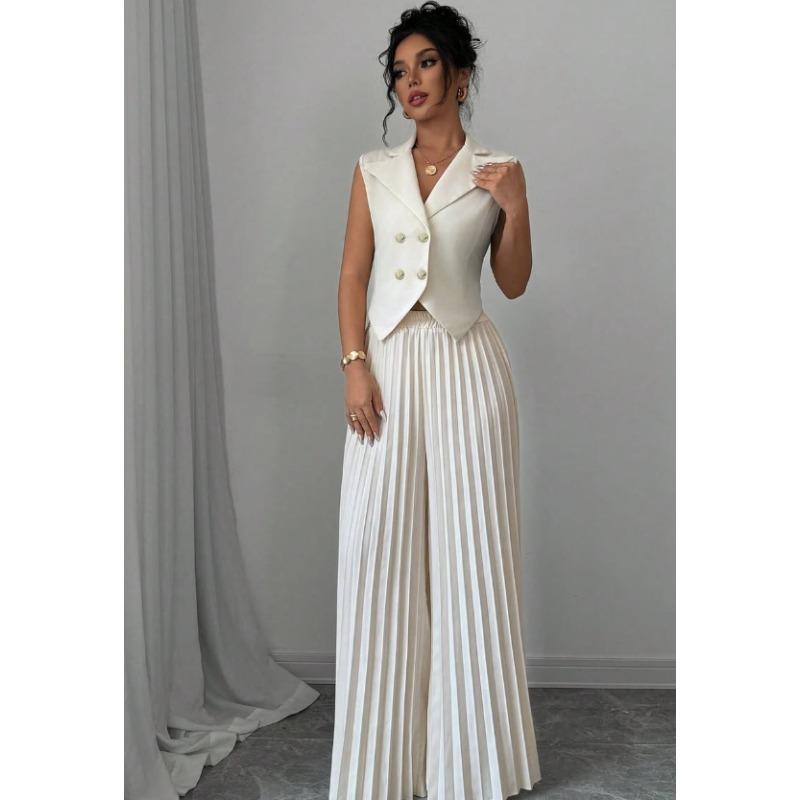 Women's Sleeveless Double Breasted Blazer Vest Two Piece Set High Waist Pleated Wide Leg Pant Elegant Casual Outfit