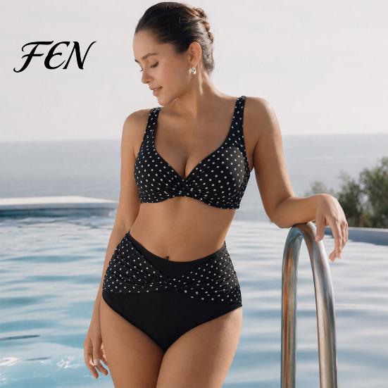 Eingebaute Stütze Badebekleidung 2 Teile/Set Große Größen Bikini-Set, Kreuz-Brust V-Ausschnitt BH mit Eingebauter Stütze, Punktmuster Set High-Waist Verdrehte Bikinihose,