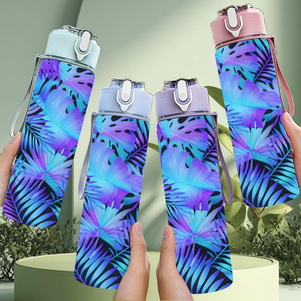 1PC Tropical Blue Palm Leaf Art 750ml Color Plastic Sports Water Bottle Leakproof Flip Straw Lid Suitable for Sports Office Home Use