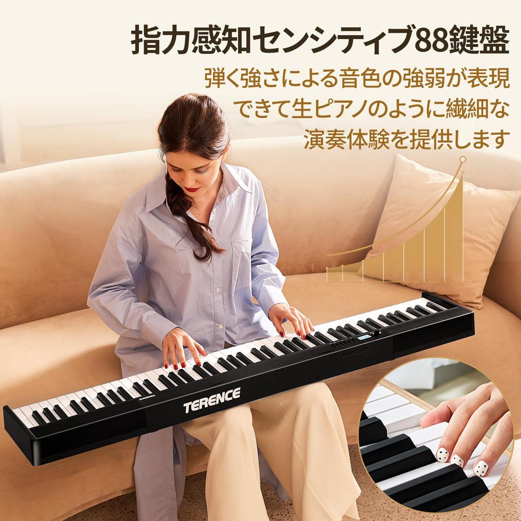 TERENCE V30 Digital 88 5W Dual MIDI with Pedal and and Portable for and Includes Japanese Instruction Black Piano, Keys, Foldable, Touch-Response
