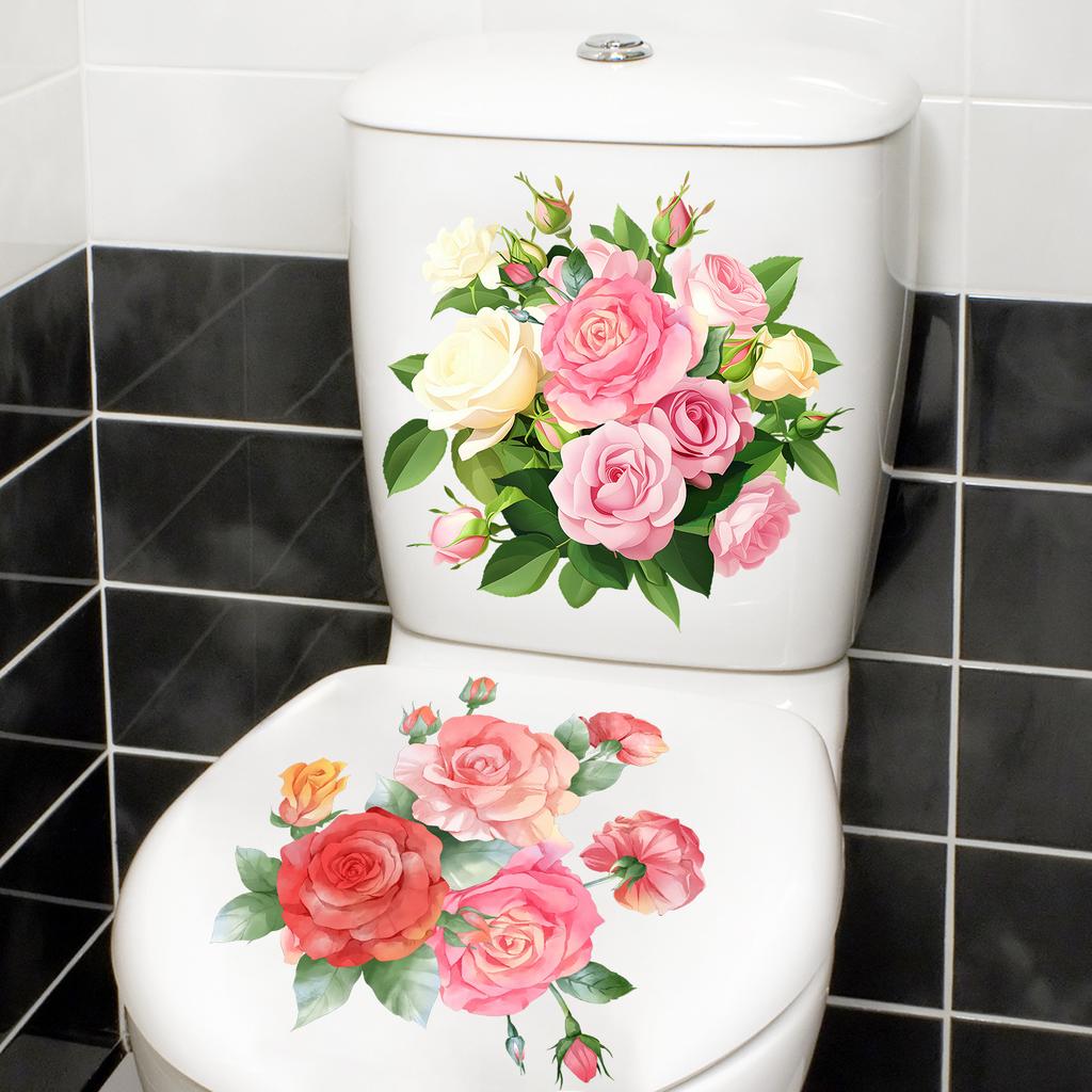 Hand Painted Pink White Flowers Toilet Sticker Self-Adhesive Removable for Bathroom Decoration