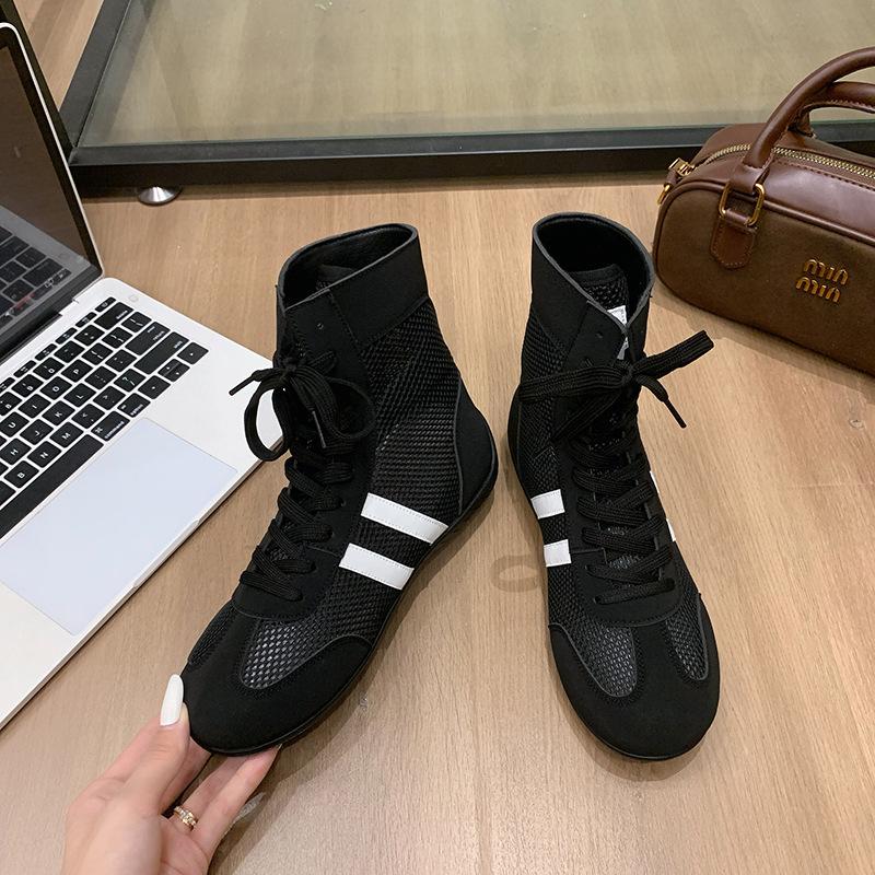 

2025 new short boots round head versatile casual shoes lace-up Martin boots trendy high-top flat-bottomed sports women s cool boots 41 чёрный