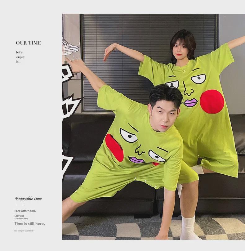 Pijama amuzantă de vară din bumbac pur cu gropițe - Rochie de casă lejeră cu mânecă scurtă pentru cupluri, pentru femei