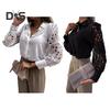 Kadın Gömlek Hollow Lace Ekleme Tasarım Uzun Kollu Yaka Gömlek Üstleri Tek Göğüslü Bol Kesim Düz Renk Gömlek
