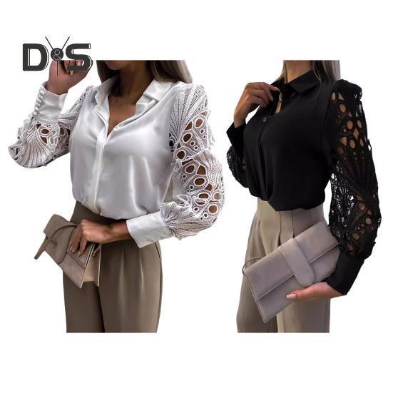 Kadın Gömlek Hollow Lace Ekleme Tasarım Uzun Kollu Yaka Gömlek Üstleri Tek Göğüslü Bol Kesim Düz Renk Gömlek