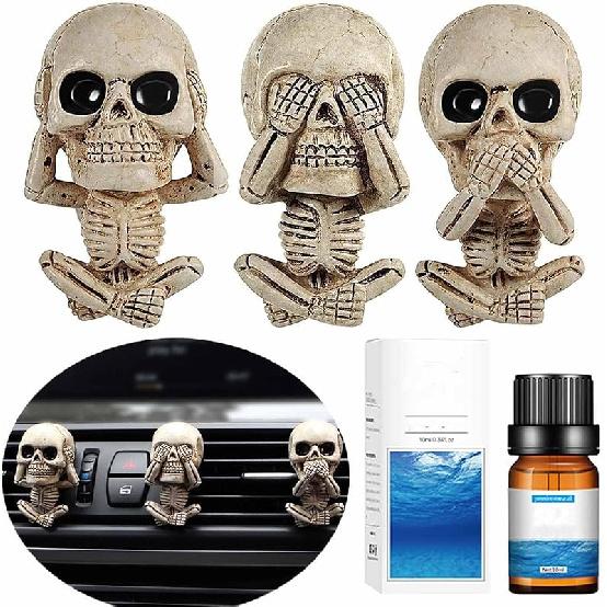 Evil Skull Car Air Fresheners Vent Clips, Cool Skull Car Accessories With 6 Felt Pads, Cute Automotive Halloween Decorations Interior For Men Women Cool Skulls