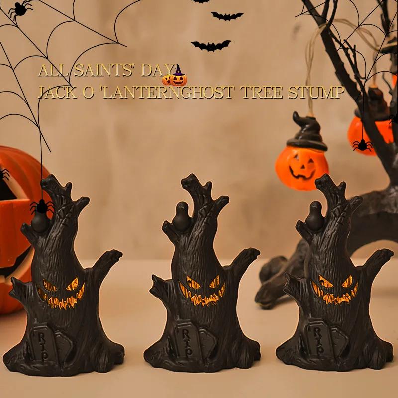 1–10PCS Halloween LED Ghost Face Pumpkin Lights Flameless Candle Tree Stump Decor for Table Home Party Indoor Holiday Setting