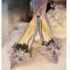French Stiletto Crystal Sequins Silver Fairy High Heels New Bow Bridal Wedding Shoes Main Dress