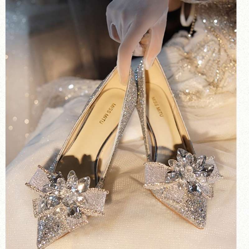French Stiletto Crystal Sequins Silver Fairy High Heels New Bow Bridal Wedding Shoes Main Dress