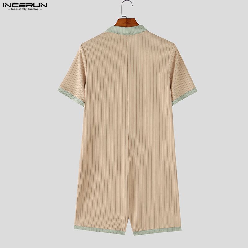 INCERUN Salopetă casual cu mânecă scurtă pentru bărbați, cu nasturi, tricotată nervurată, bodycon