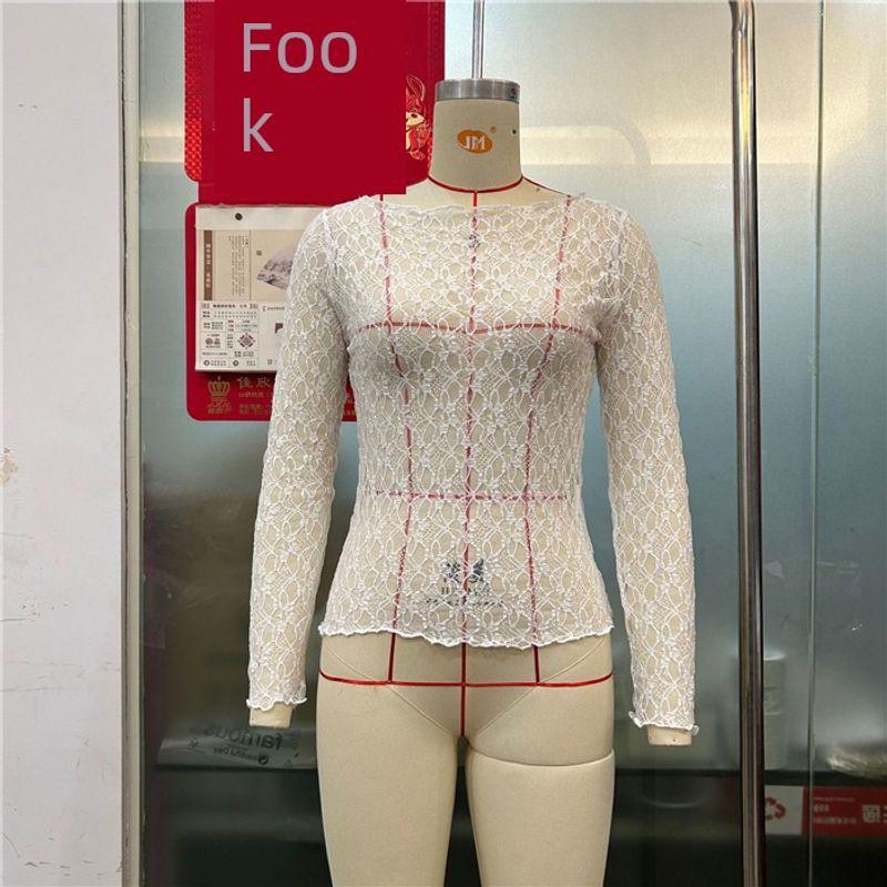 

European and American Sexy Silm Lace Shirt Sheer Long Sleeve T-shirt Tops Sexy Lace Top Blouse Women White M