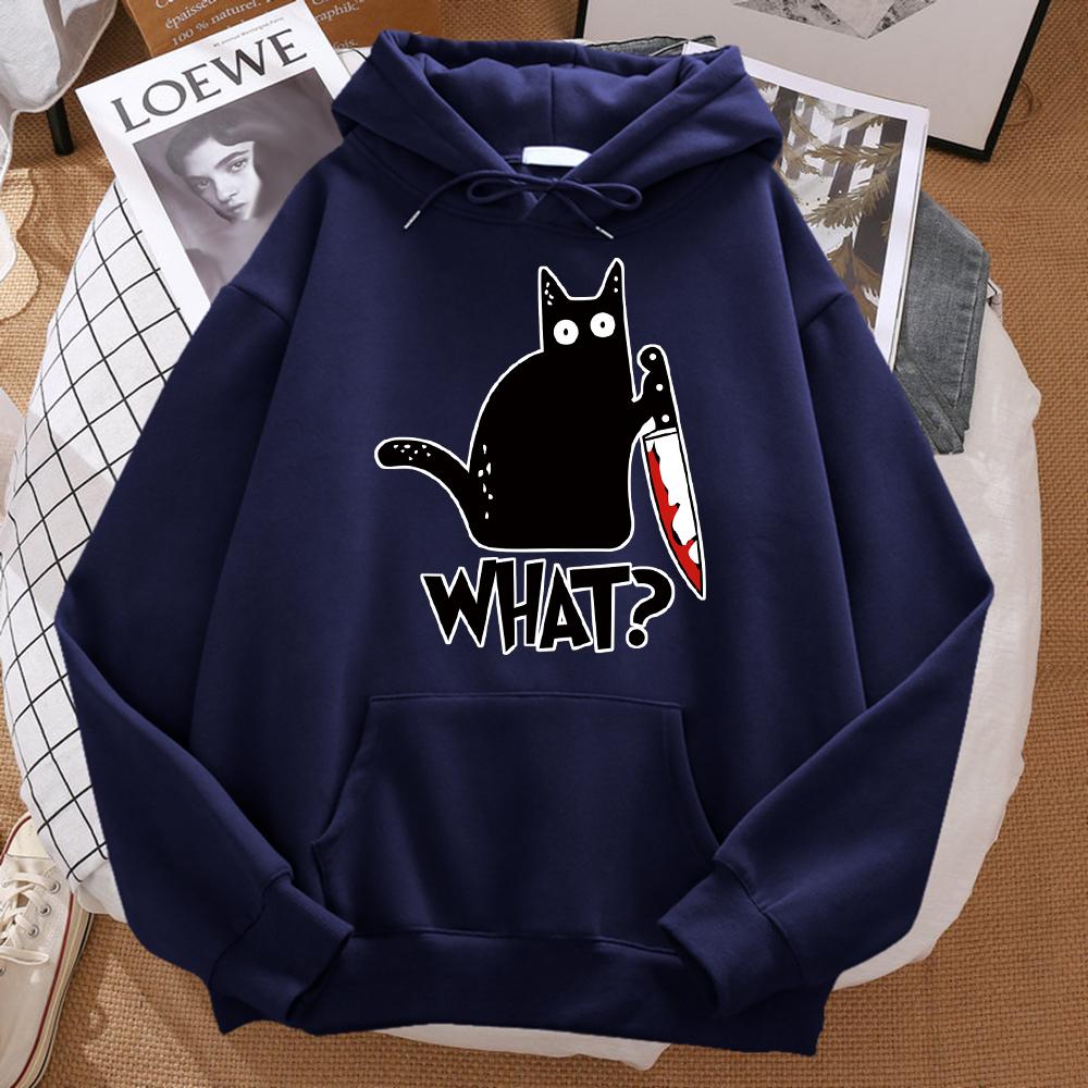 That Cute Little Black Cat Is Holding a High-quality Casual Hoodie with Knife Pattern Printed Men's Hoodie