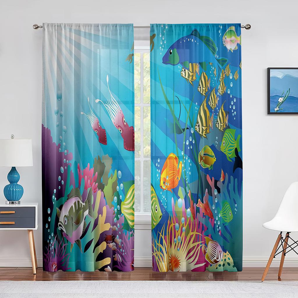 Sea Turtle Sheer Tulle Curtain Ocean Underwater World Tropical Fish Coral Reef Sheer Voile Curtain for Bedroom Living Room Decor
