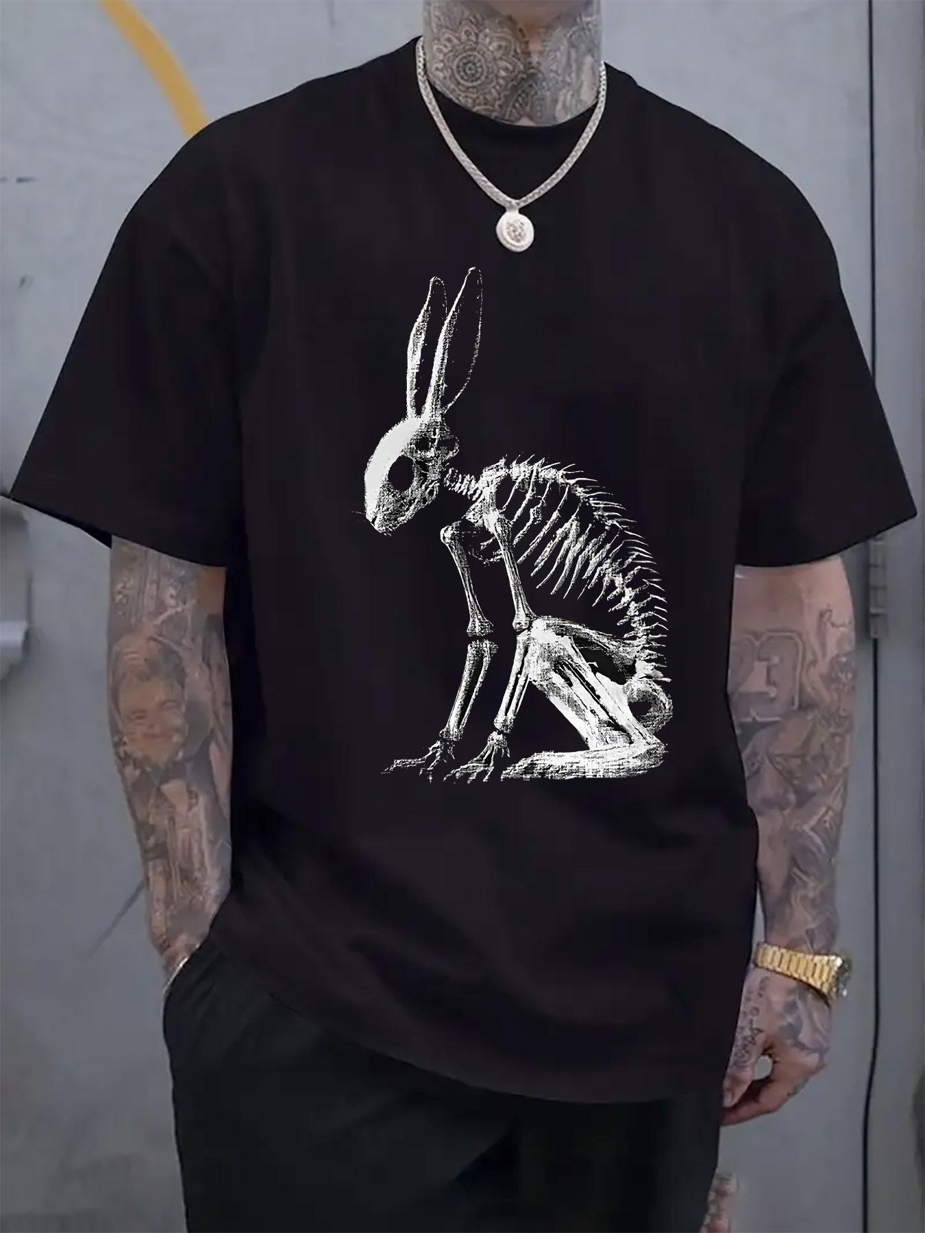 Casual Crew Neck T-shirt with Rabbit Skeleton Print L