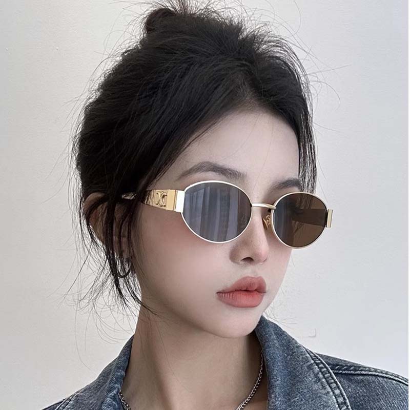 Retro Sonnenbrille mit goldenem Rand für Damen Metall Oval Kleiner Rahmen High-End Sonnenbrille Ultraleicht Outdoor Augenschutz Brille