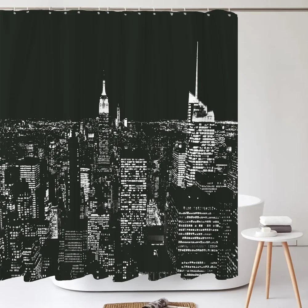 Zasłona prysznicowa Pejzaż nocny Nowego Jorku Miasto Most Budynek Zasłony do kąpieli 3D Retro Czarno-białe zdjęcie Dekoracje łazienkowe Zasłona