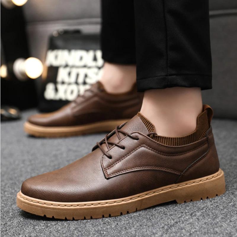 Fashion Men Sneakers Brown Leather Business Casual Shoes Low-top Lace-up Soft-soled Driving Shoes Summer Thick-soled Vulcanized Men Shoe