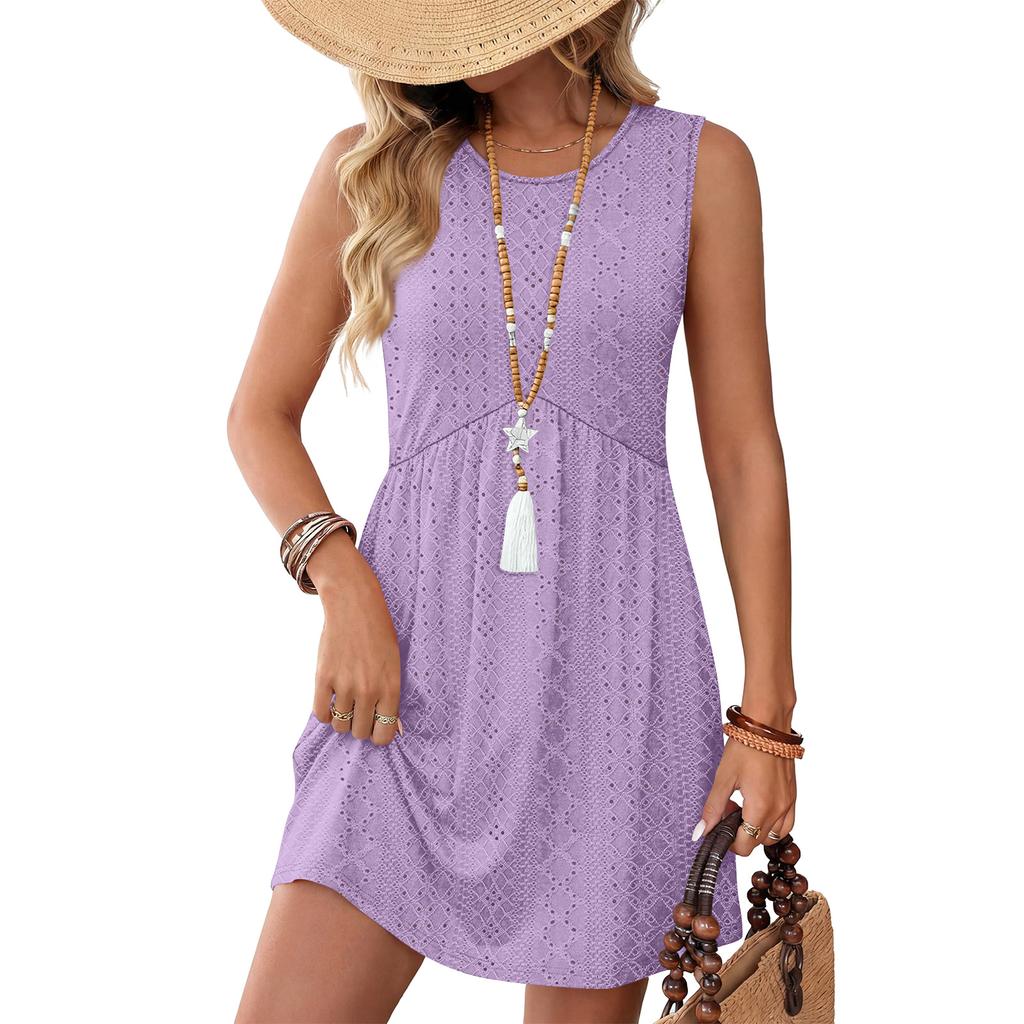 Dresses For Women Summer Casual Crewneck Short Dress Spring Sleeveless Sundress With Pockets