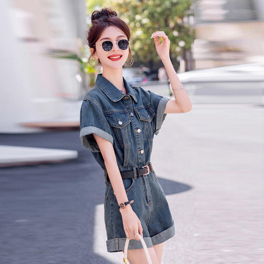 Fashion Casual Denim Jumpsuit Women's Spring and Summer New Temperament Tooling Short Sleeve Waist Skinny Jumpsuit