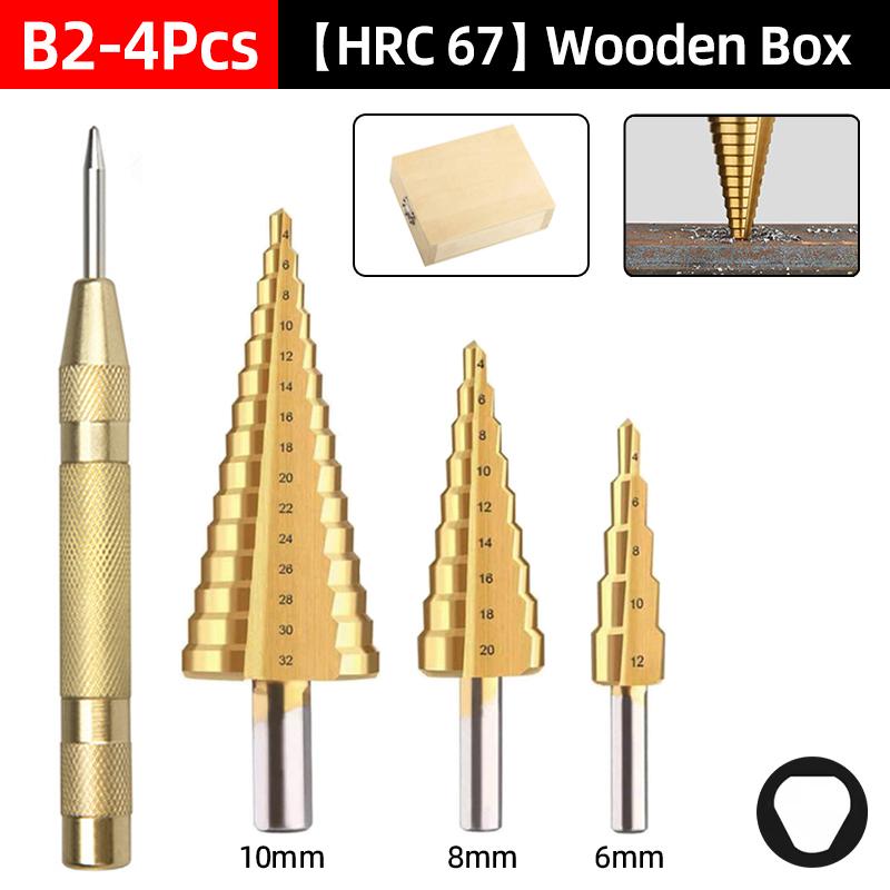 HSS Step Drill Bit Center Punch Drills Set 4-12 4-20 4-32mm Woodworking Metal Hole Cutter Cone Core Drilling Hole Tools Wood Box