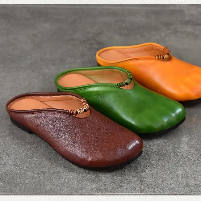 Johnature Women's Shoes Genuine Leather Flat Slippers Round Toe Versatile Casual Solid Color Outdoor Slides