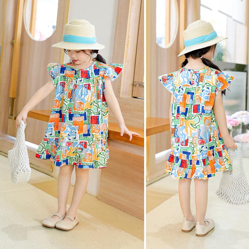 Oujitu Girls' Lace Sleeve Cotton A-line Skirt Dress with Cartoon Print - Spring Children's Clothing