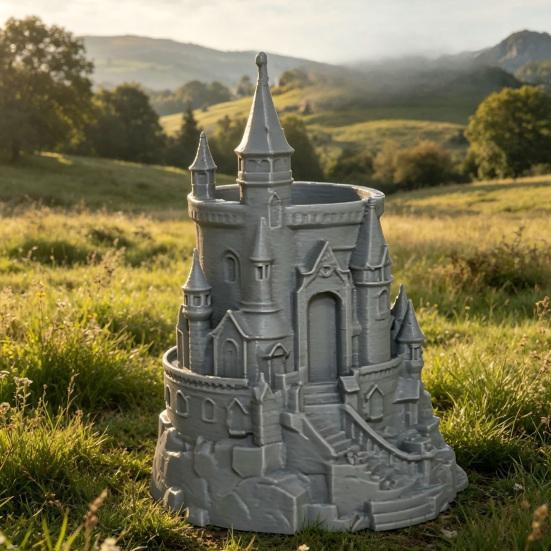Dark Castle Pen Holder Large-Diameter Storage Desktop Organizer with 3D Micro-Landscape Design Distressed Black Gray Texture Durable Fantasy Decor
