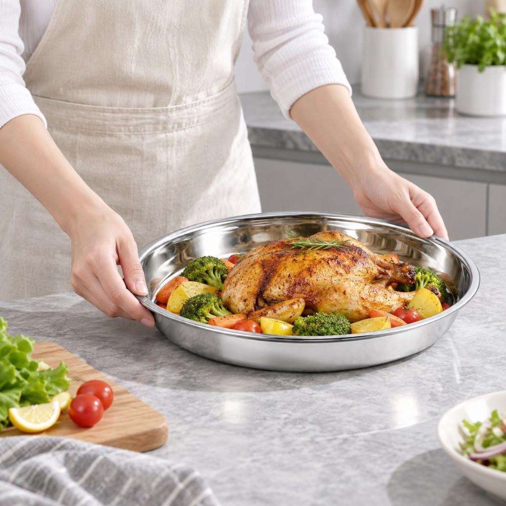 Rustproof Round Plate Shallow Tray Flat Stainless Steel Dining Dish Durable Food Container BBQ