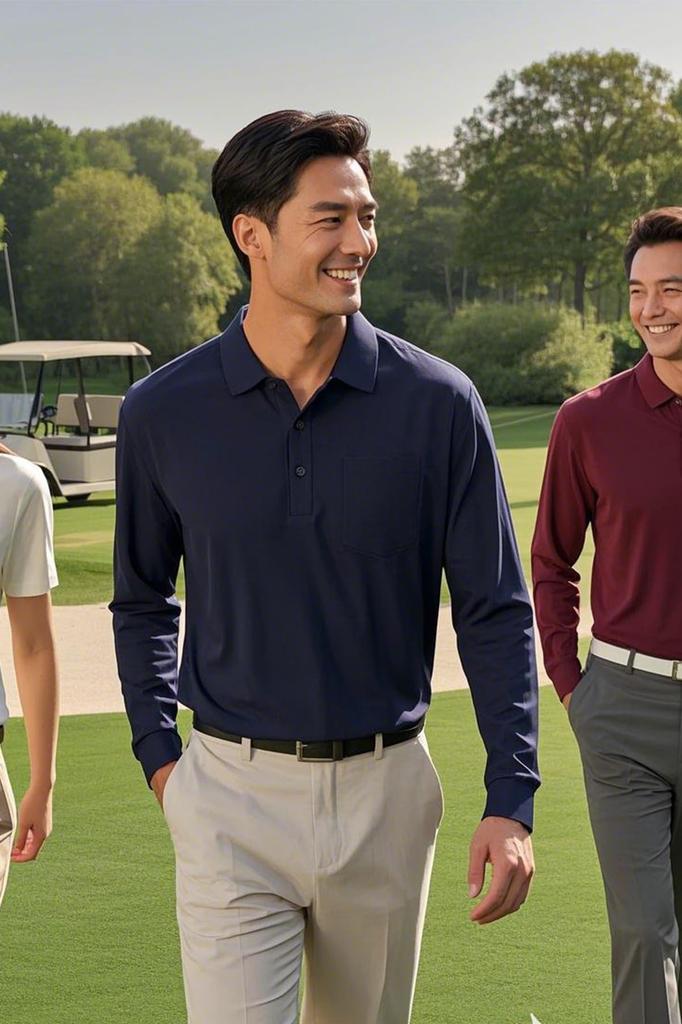 KEFITEVD Solid Color Polo Long Polo Plus Dark Size L Men's Shirt, Business, Golf, Sleeve, Collared, Moisture-Wicking, Quick-Drying, Tennis,