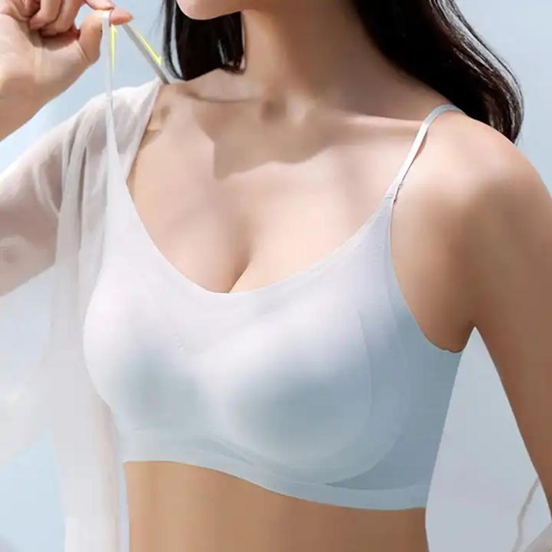 Sujetador acolchado de seda de hielo ultrafino, ropa interior sin costuras, sección delgada para mujer, tirantes hermosos, chalecos en la espalda, sujetador para dormir pequeño con pecho grande