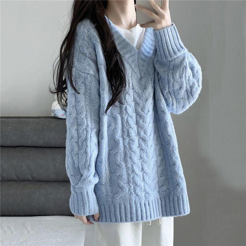 Spicy Girl Lazy Style V-Neck Oversized Sweater for Women Autumn & Winter Korean Version Soft Loose Twist-Knit Top Chunky Yarn
