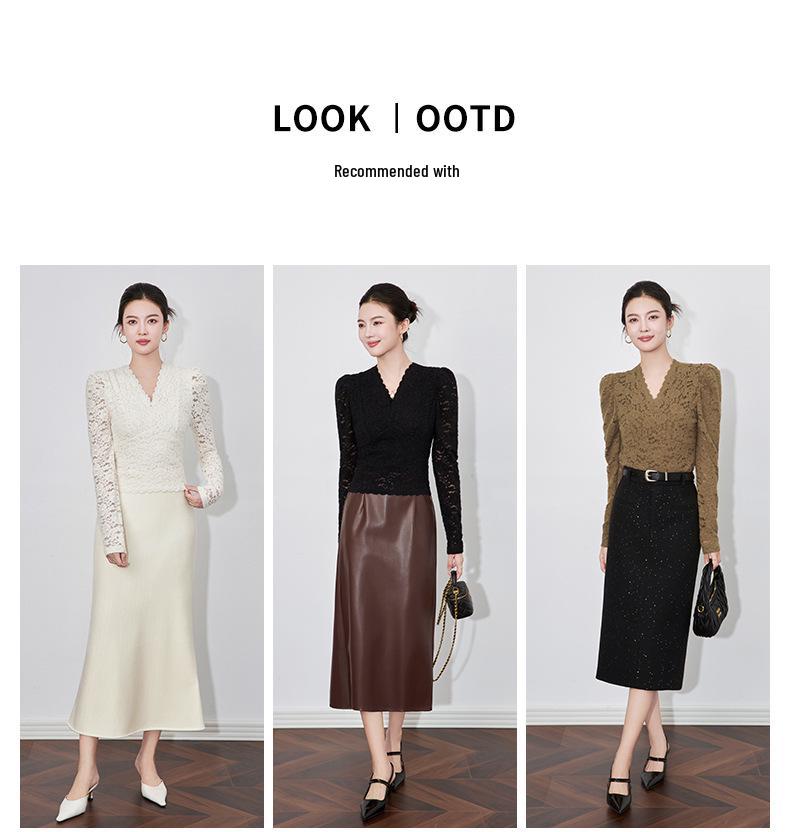 Elegant Slimming V-Neck Long Sleeve Knit Top with Fleece, Brushed Finish, and Lace Trim