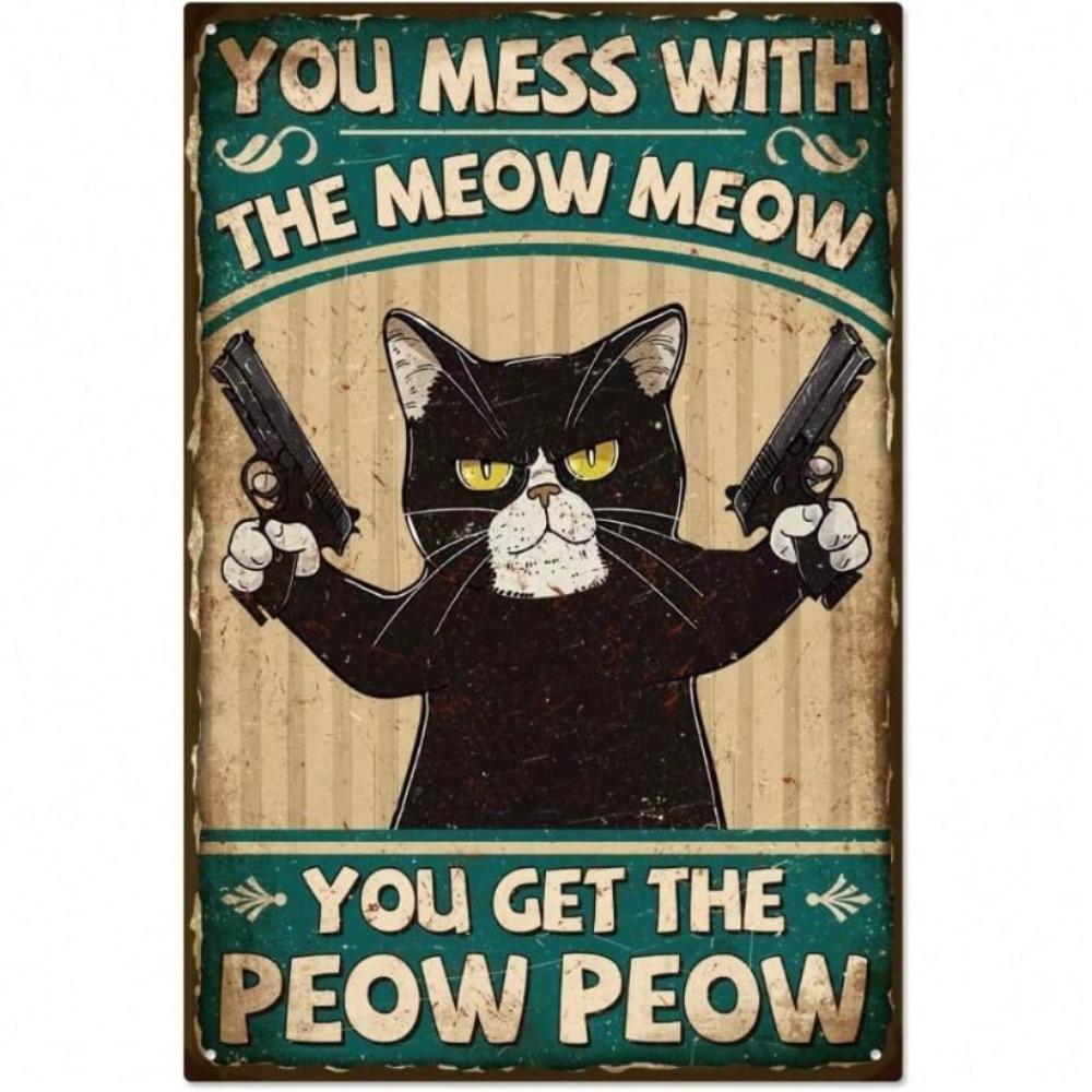 Metal Poster Cat Vintage Kitchen Decor Wall Art Meow Purr Sign for Bar Garage
