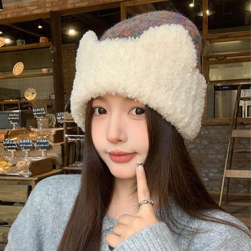 Cute Cat Ears Mixed Color Plush Knitted Hat for Women In Autumn and Winter Sweet Face-showing Small Woolen Hat Warm Ear Protection Hat
