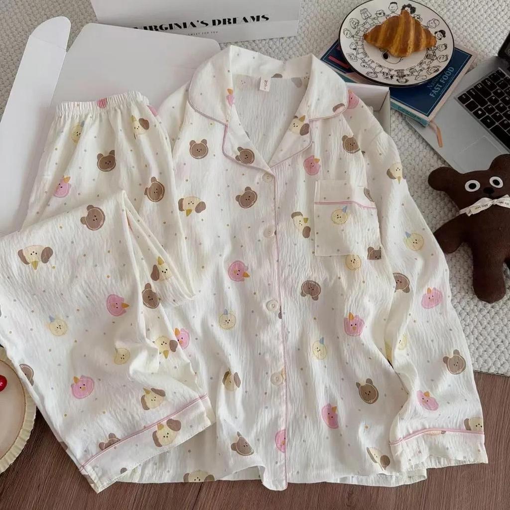 Cloud Cotton Cartoon Pajama Set: Long Sleeve Cardigan and Pants for Women