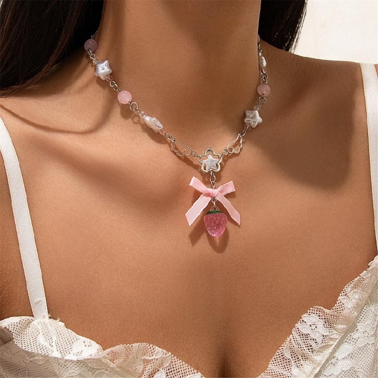 Stylish Strawberry Heart Necklace with Bowknot Accent Portable for Trendy Women Girls Sweet Fashion Statement Pieces