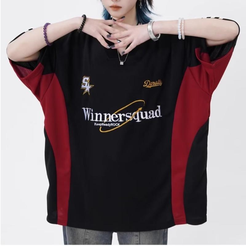Basketbal T-shirts Dames Sportieve korte mouwen T-shirts Hiphop Borduurwerk V-hals Tops Oversized Streetwear