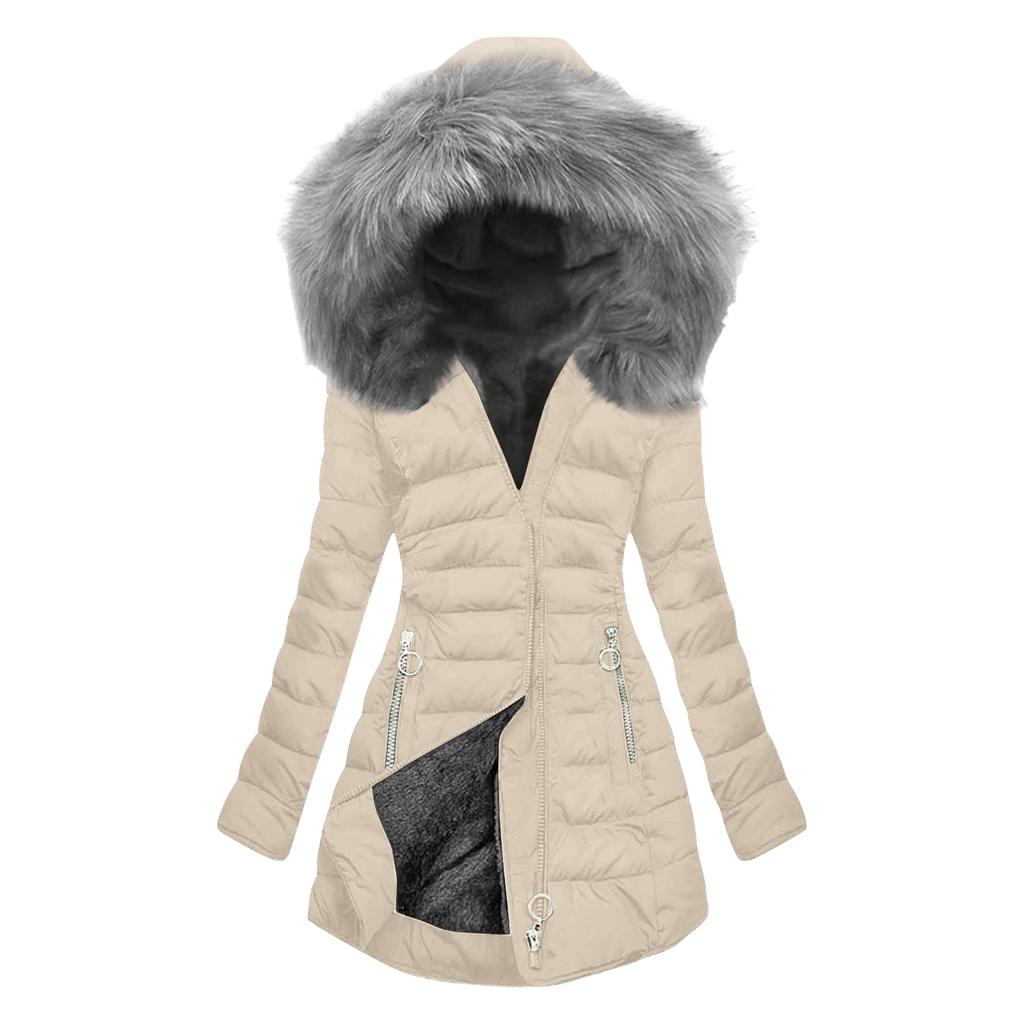 Women's Long Sleeve Hooded Padded Jacket with Zipper Pockets