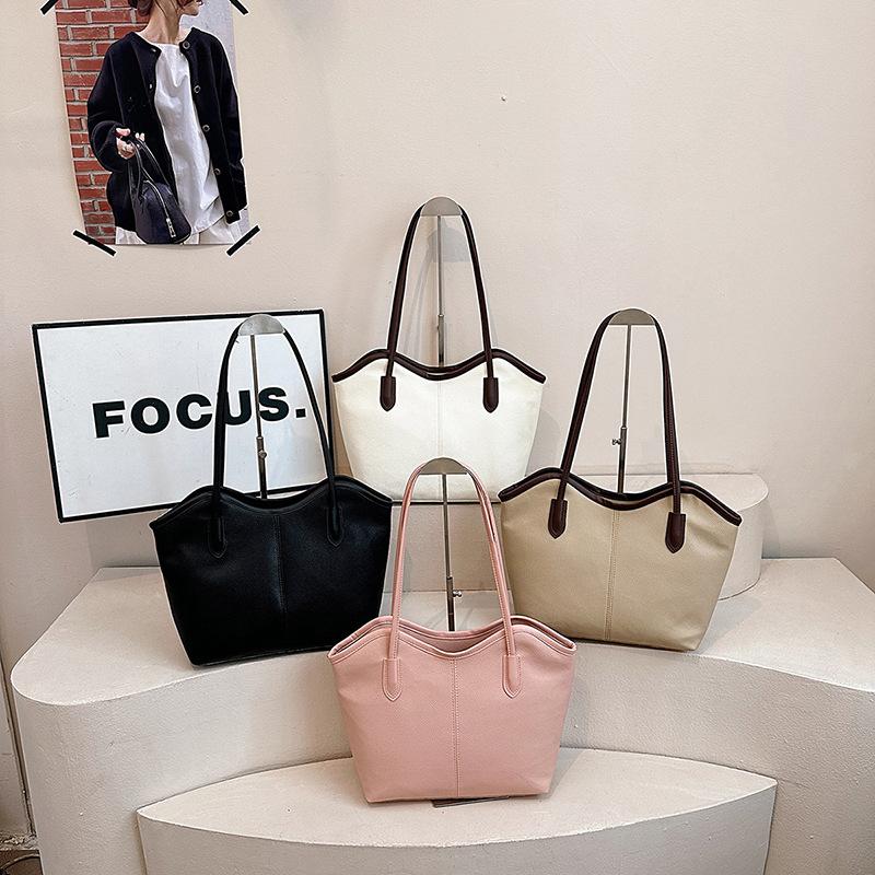Women Fashion Retro Colorblock Simple Large Capacity Commuting Tote Shoulder Bag