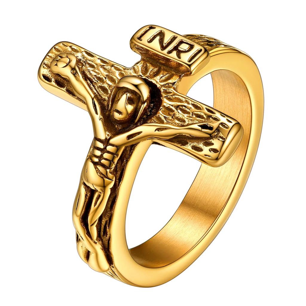 3D Jesus INRI Cross Rings for Man Woman Size 7-12 Stainless Steel Vintage Religious Christian Signet Ring Jewelry Gift