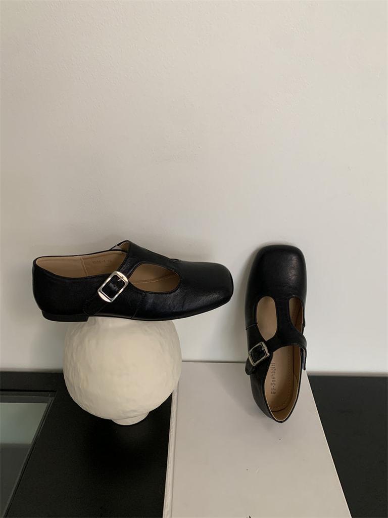 Fashion IPPEUM Women Ballet Flats Shoes Square Toe Buckle Black PU Leather Vintage Ballerina Shoes