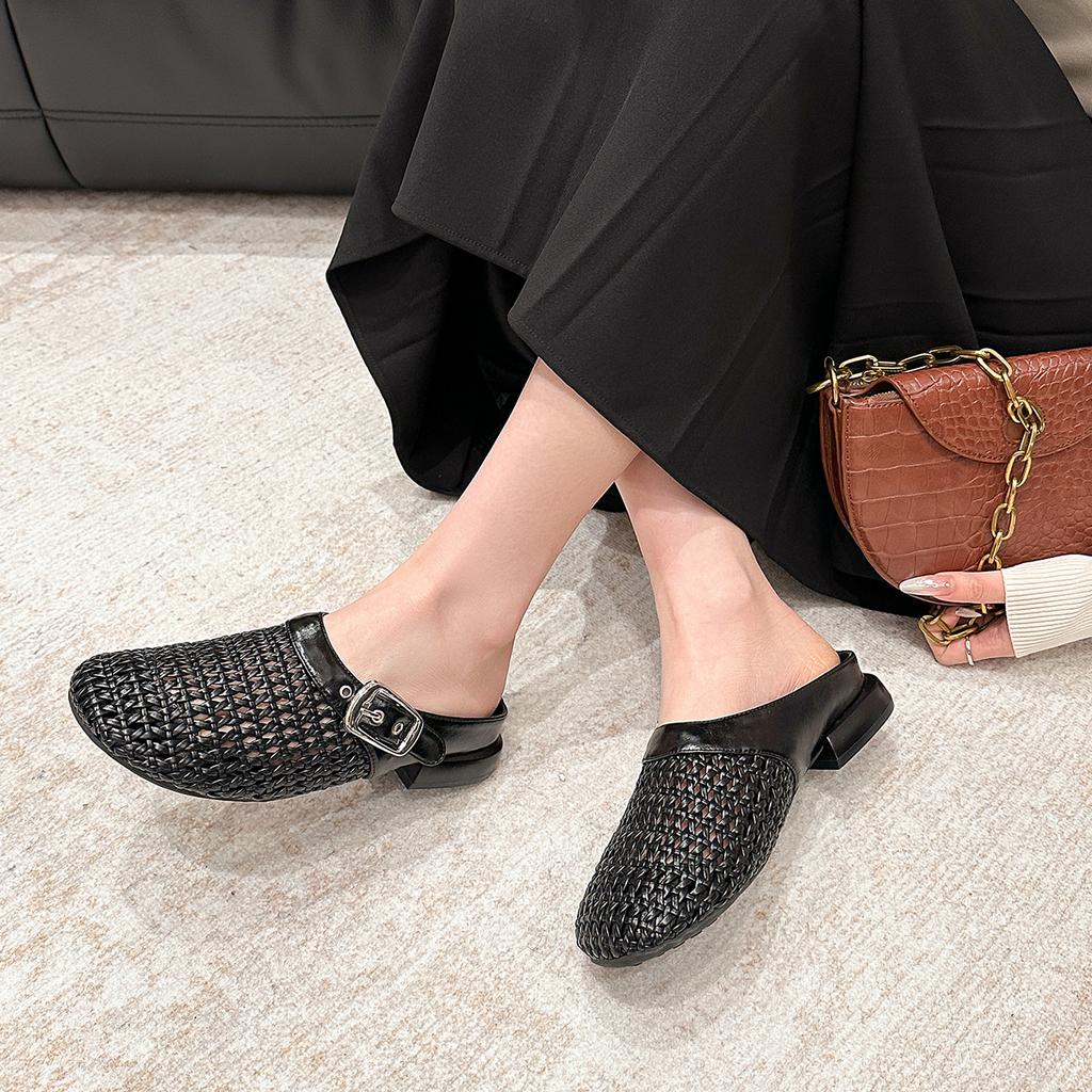 106-1 Fashion woven belt buckle hollow flat-soled single shoes New fairy style low-heeled single shoes commuter women's shoes