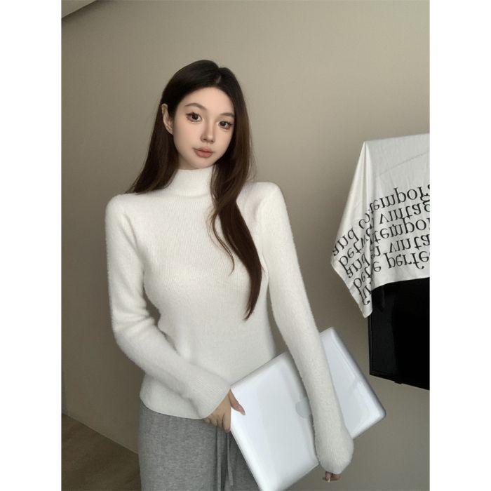 

Женский тонкий свитер из французской шерсти: Теплый вязаный топ с высоким воротом для осени и зимы One Size