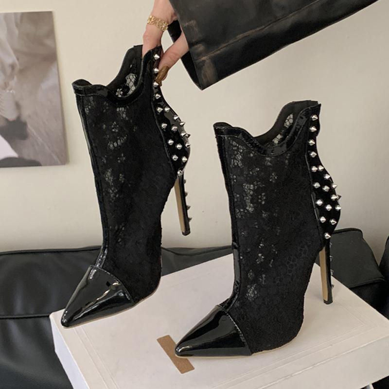 Mode Liyke Frühling Herbst Reißverschluss Schwarz Mesh Stiefeletten Damen Sexy Lackleder Spitznieten Stiletto Hohe Absätze Party Abschlussballschuhe